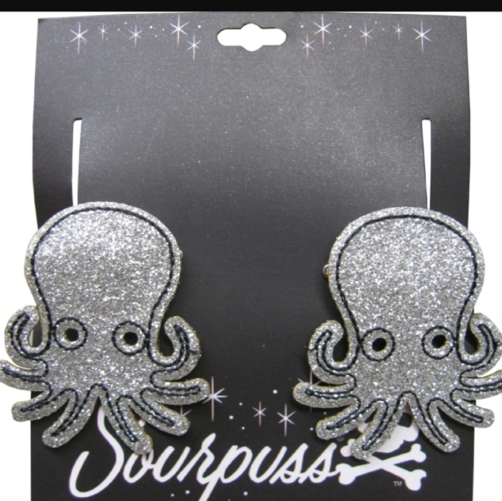 Sourpuss Silver Glitter Octopus Kraken 2pc Hair Alligator 1-7/8" x  2-1/4" Clips